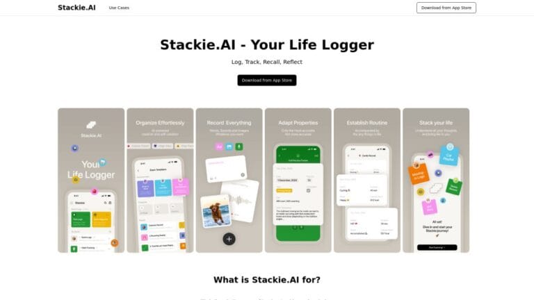 Captura oficial de Stackie AI mostrando sus funciones clave como diario inteligente con inteligencia artificial para iOS.