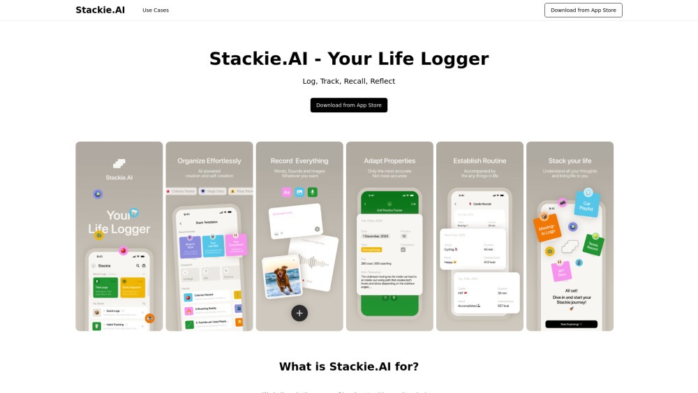 Captura oficial de Stackie AI mostrando sus funciones clave como diario inteligente con inteligencia artificial para iOS.