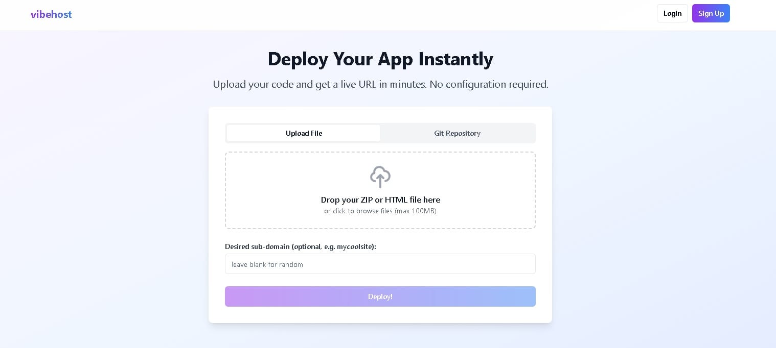 VibeHost: Plataforma de despliegue instantáneo de aplicaciones con inteligencia artificial, ideal para desarrolladores y empresas.
