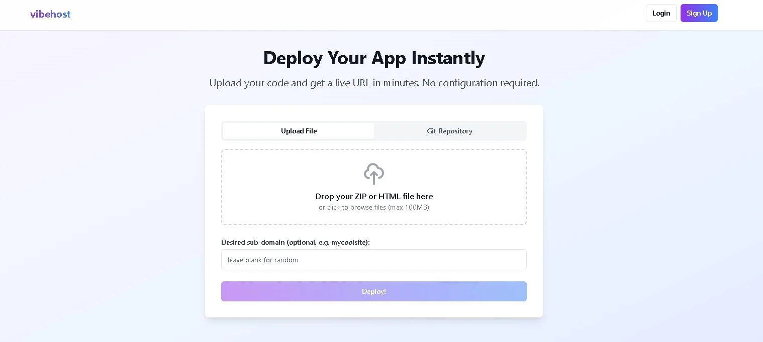 VibeHost: Plataforma de despliegue instantáneo de aplicaciones con inteligencia artificial, ideal para desarrolladores y empresas.