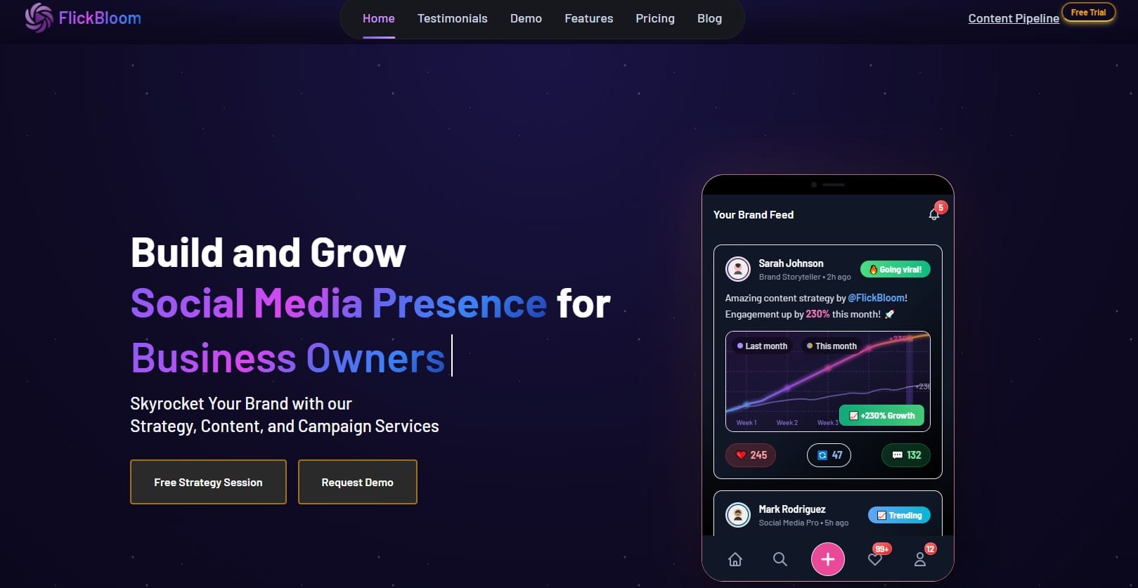 FlickBloom: Plataforma de marketing en redes sociales que utiliza IA para optimizar y aumentar el engagement de tu marca.