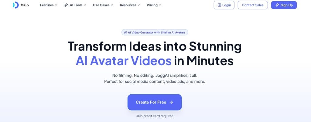 Página principal de Jogg.ai mostrando cómo transformar ideas en videos con avatares de IA en minutos, sin necesidad de filmar o editar.