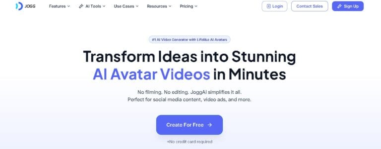 Página principal de Jogg.ai mostrando cómo transformar ideas en videos con avatares de IA en minutos, sin necesidad de filmar o editar.