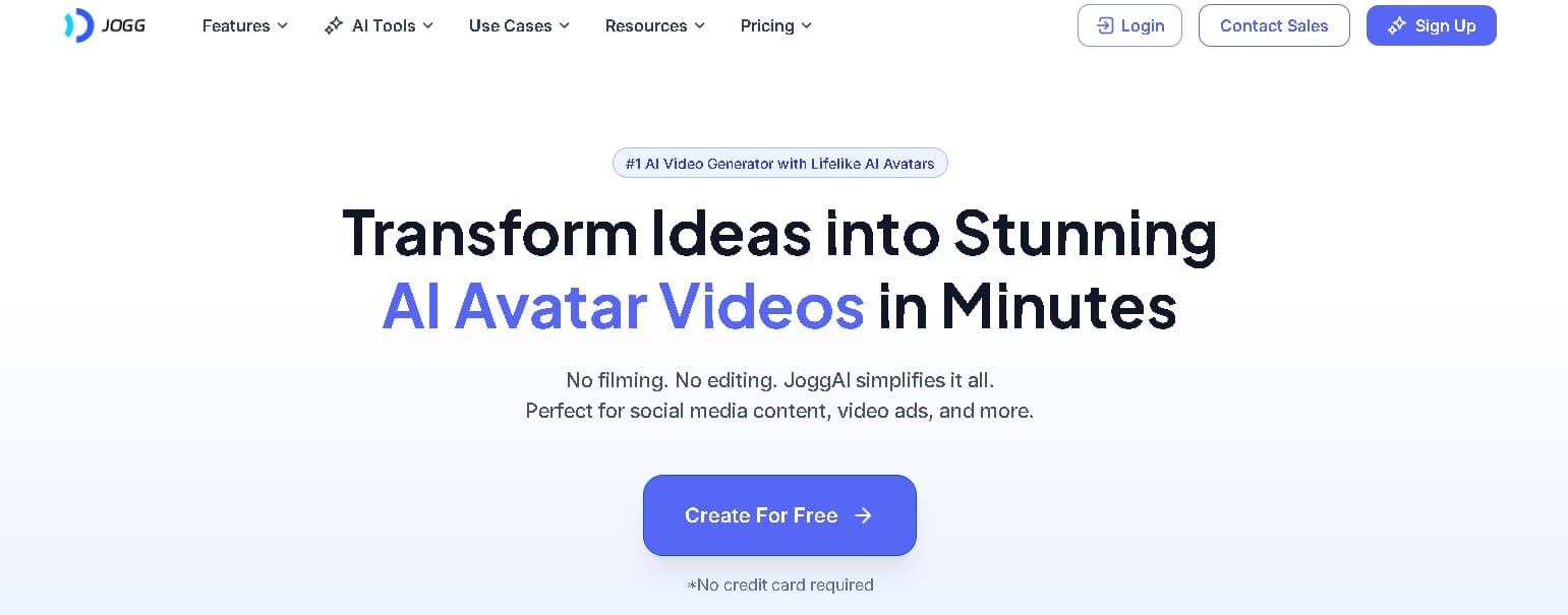 Página principal de Jogg.ai mostrando cómo transformar ideas en videos con avatares de IA en minutos, sin necesidad de filmar o editar.