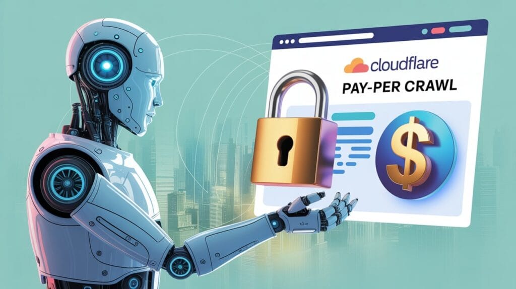 Ilustración de un robot de IA accediendo de manera segura a un sitio web con un candado y símbolo de dólar, representando la monetización y seguridad con Cloudflare Pay-Per-Crawl.