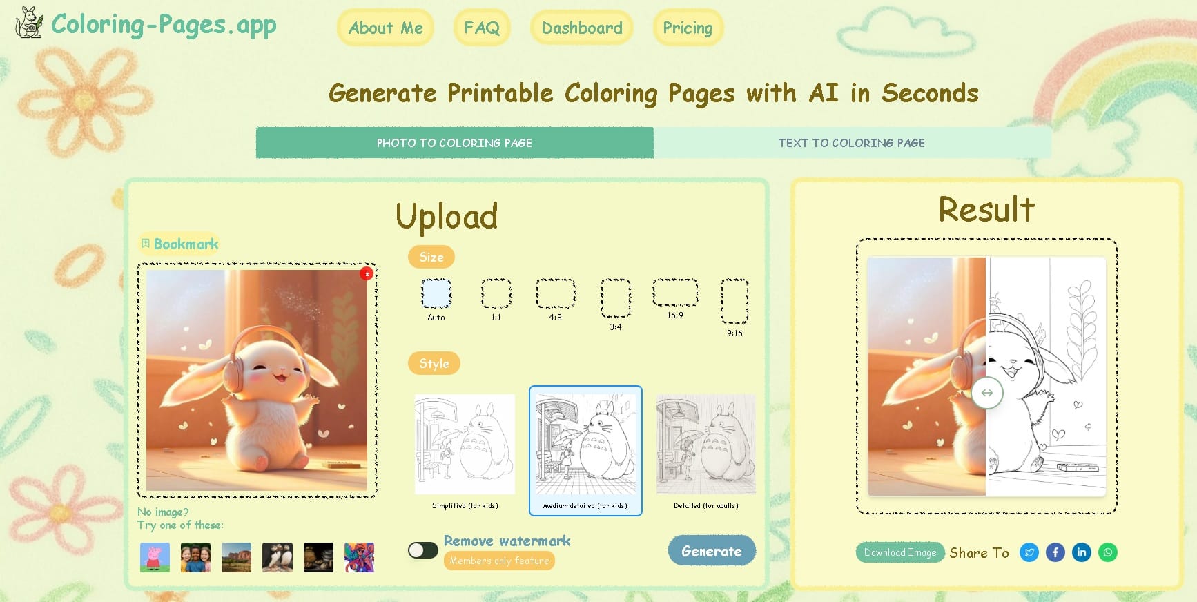 Herramienta de IA Coloring-pages.app transformando una foto en una página para colorear personalizada