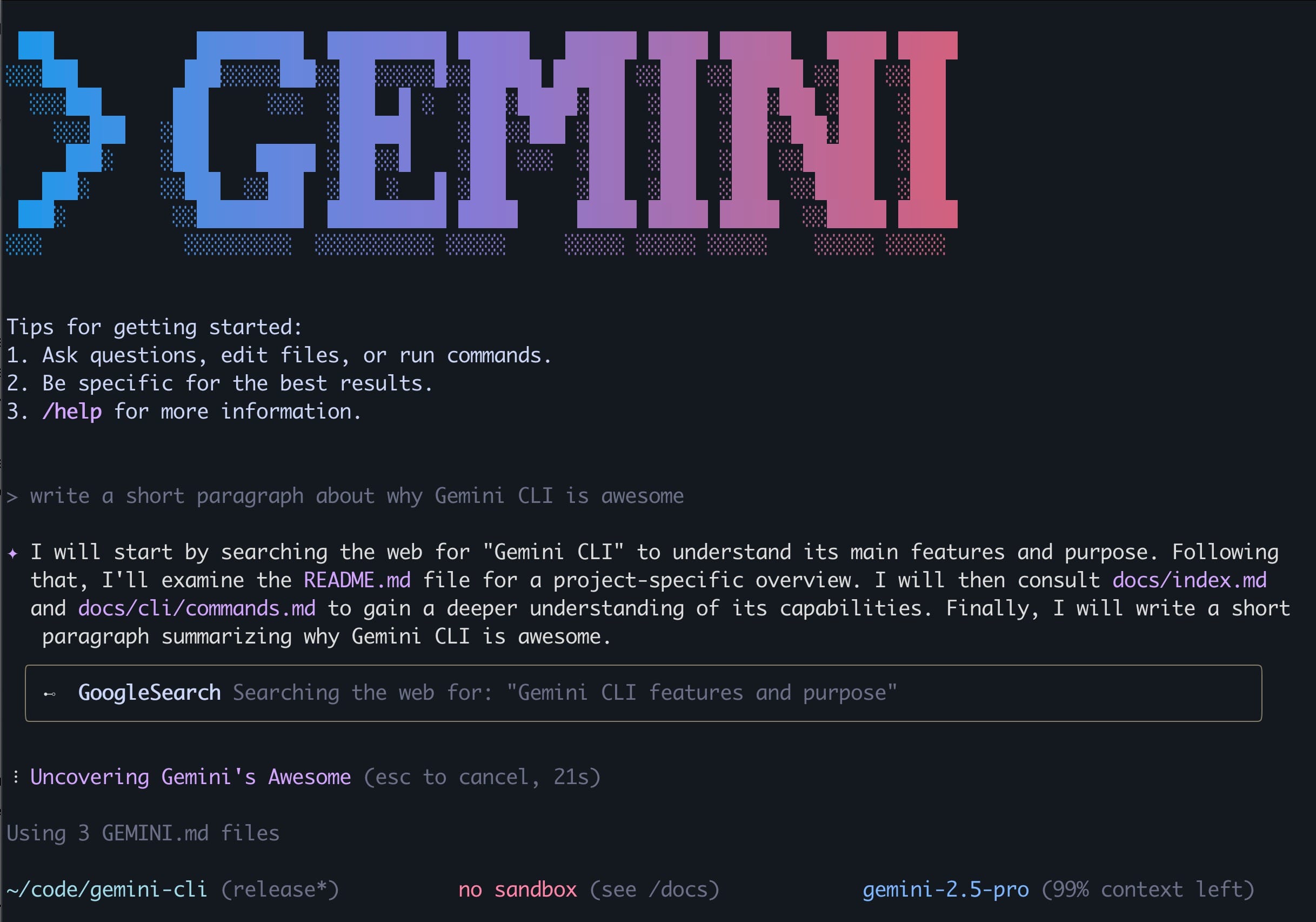 Pantalla de terminal usando Gemini CLI para automatizar tareas con inteligencia artificial