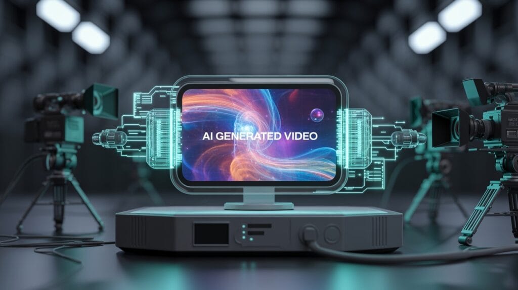 Ilustración futurista de una pantalla mostrando un video generado por IA con calidad cinematográfica y tecnología avanzada.