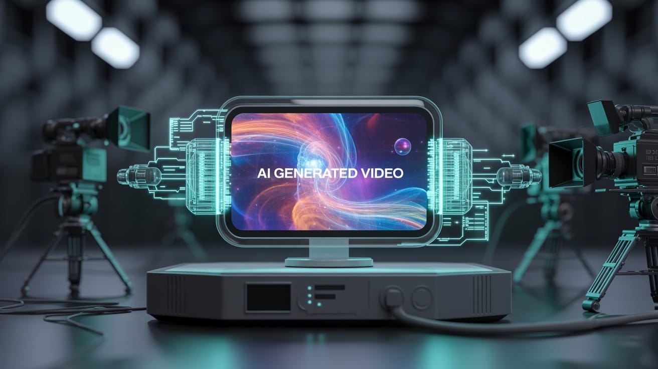 Ilustración futurista de una pantalla mostrando un video generado por IA con calidad cinematográfica y tecnología avanzada.