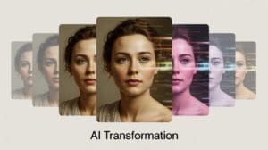 Ilustración conceptual de la función Character Consistency de Ideogram, mostrando la transformación inteligente de imágenes mediante IA