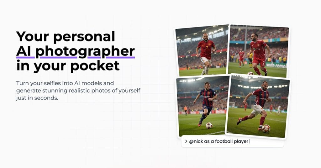 PhotoFuse AI: Transformación de selfies en personajes profesionales con inteligencia artificial, mostrando ejemplos de headshots generados.