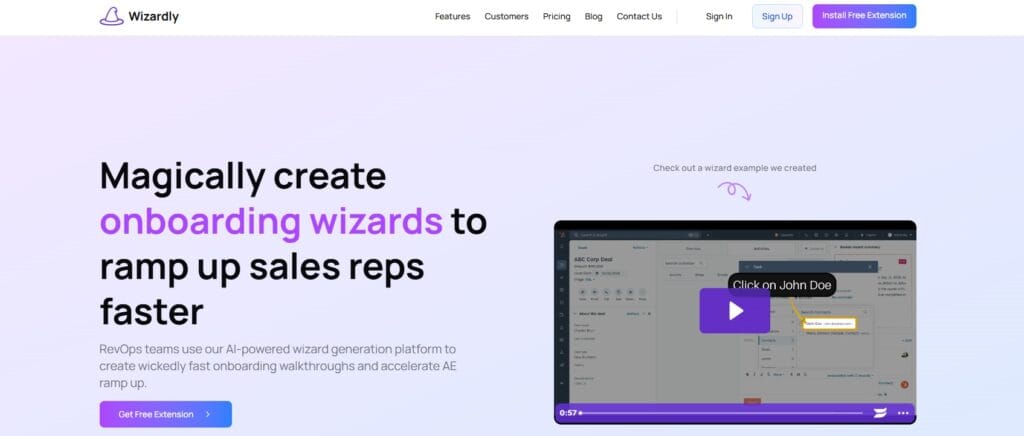 Plataforma Wizardly para crear guías de incorporación con inteligencia artificial, mostrando un ejemplo de tutorial en video.