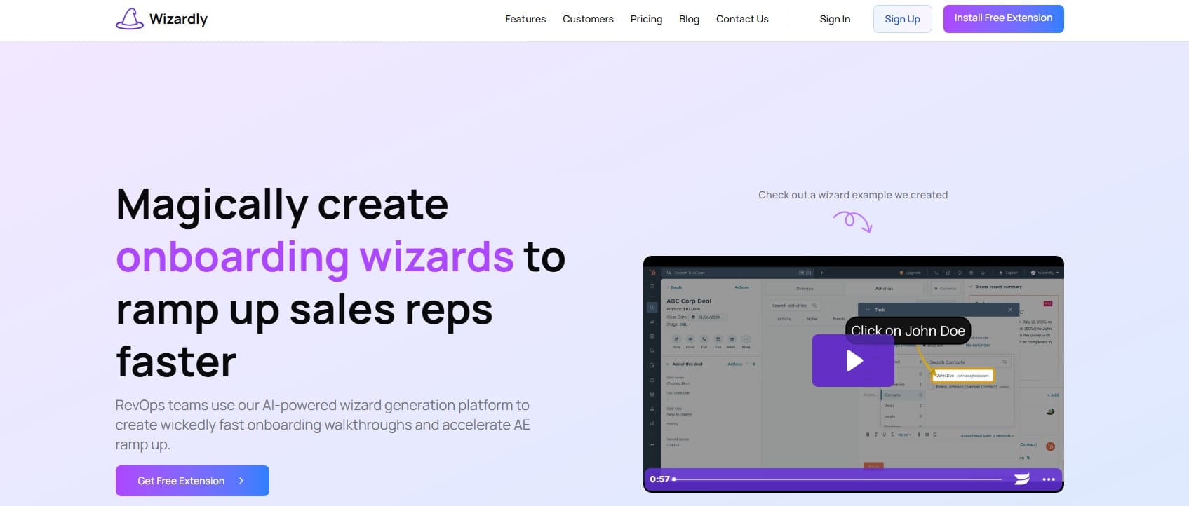 Plataforma Wizardly para crear guías de incorporación con inteligencia artificial, mostrando un ejemplo de tutorial en video.