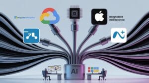 Ilustración futurista de las 5 herramientas de IA de las Big Tech en 2025 (Google Gemini, Amazon Bedrock, Apple Intelligence, Meta Llama y Microsoft Copilot) conectadas en una red neuronal, simbolizando innovación y competencia tecnológica