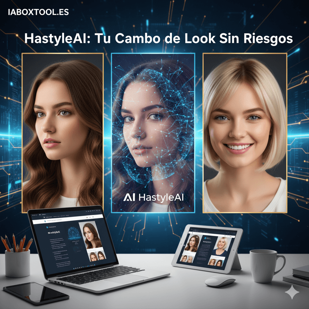 HairstyleAI mostrando una mujer probando un corte bob rubio con el simulador de peinados de inteligencia artificial.