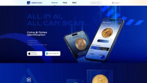 Aplicación HeritCoin identificando una moneda antigua con IA y mostrando su valor en pantalla, con opciones de tasación experta y modelos 3D