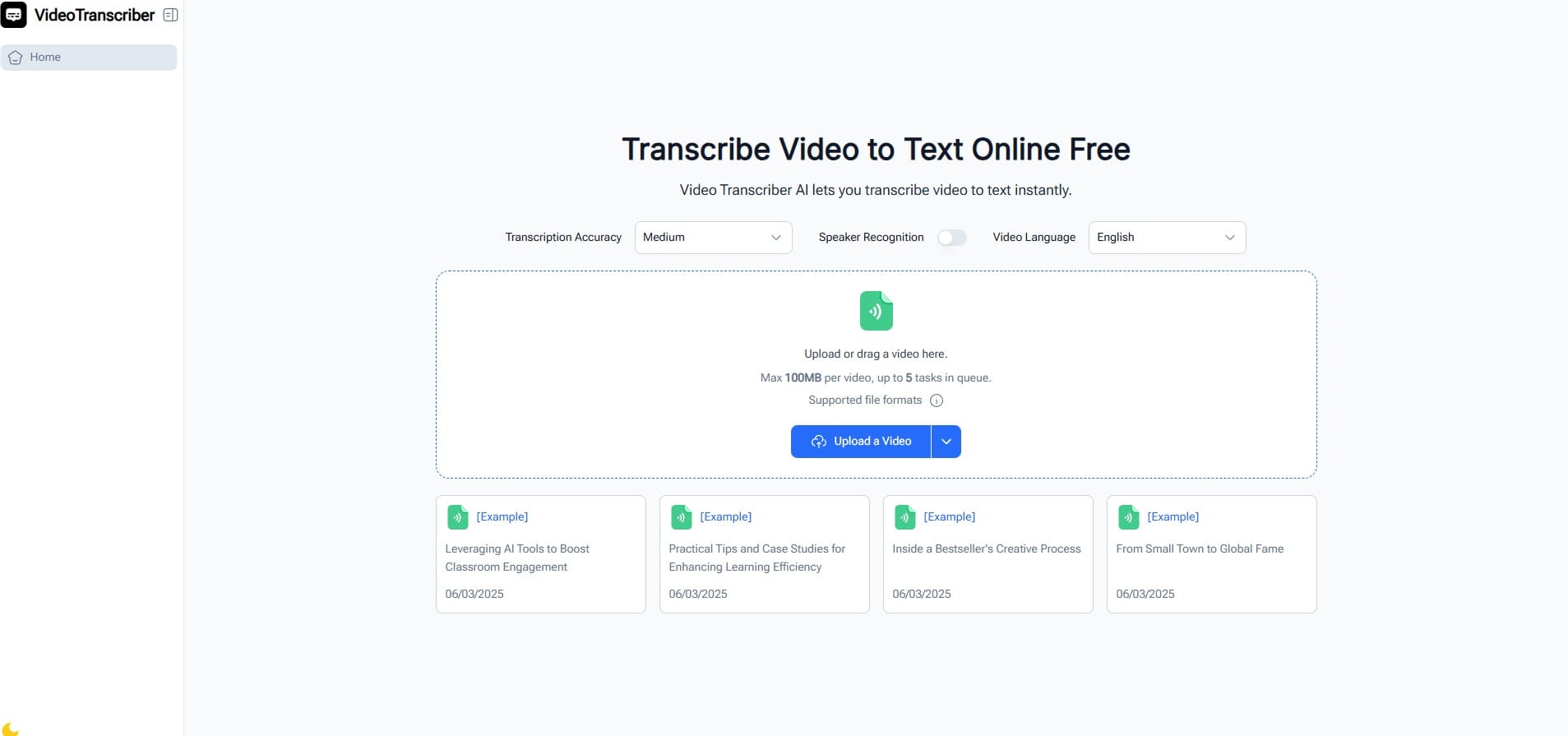 VideoTranscriber : herramienta en línea para transcribir automáticamente un video a texto, mostrando un proceso rápido y eficiente con inteligencia artificial.
