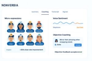 Nonverbia Stella: Representante de ventas utilizando el asistente de IA durante una videollamada, mostrando un dashboard con análisis en tiempo real de señales no verbales y tono de voz del prospecto. Ideal para optimizar estrategias de cierre y mejorar la tasa de conversión.