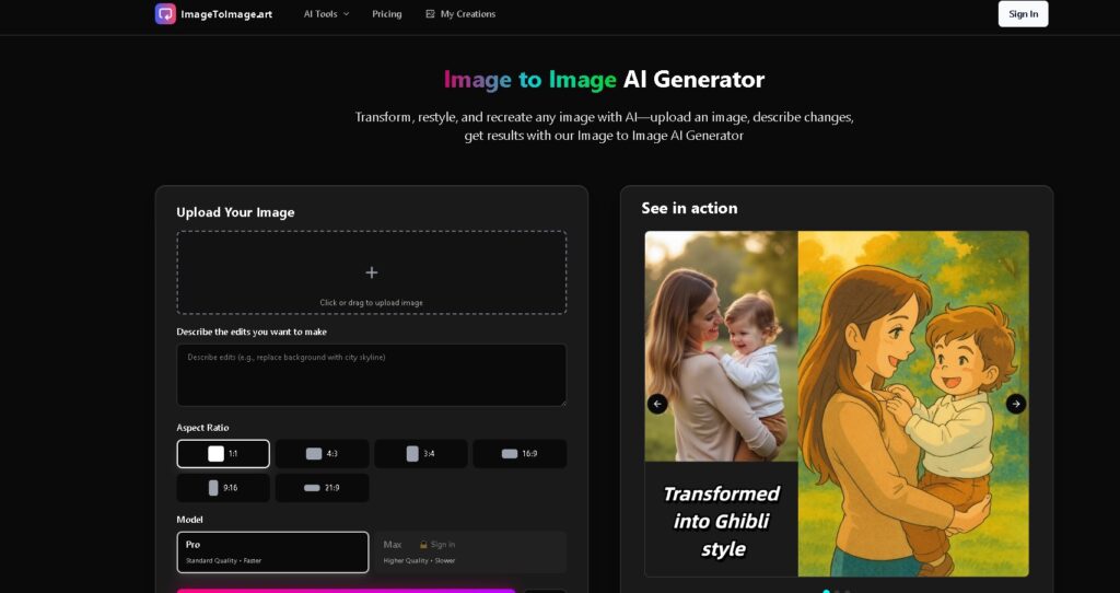 Interface de ImageToImage.art mostrando transformación avanzada de imágenes con inteligencia artificial.