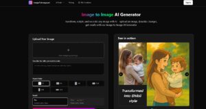 Interface de ImageToImage.art mostrando transformación avanzada de imágenes con inteligencia artificial.