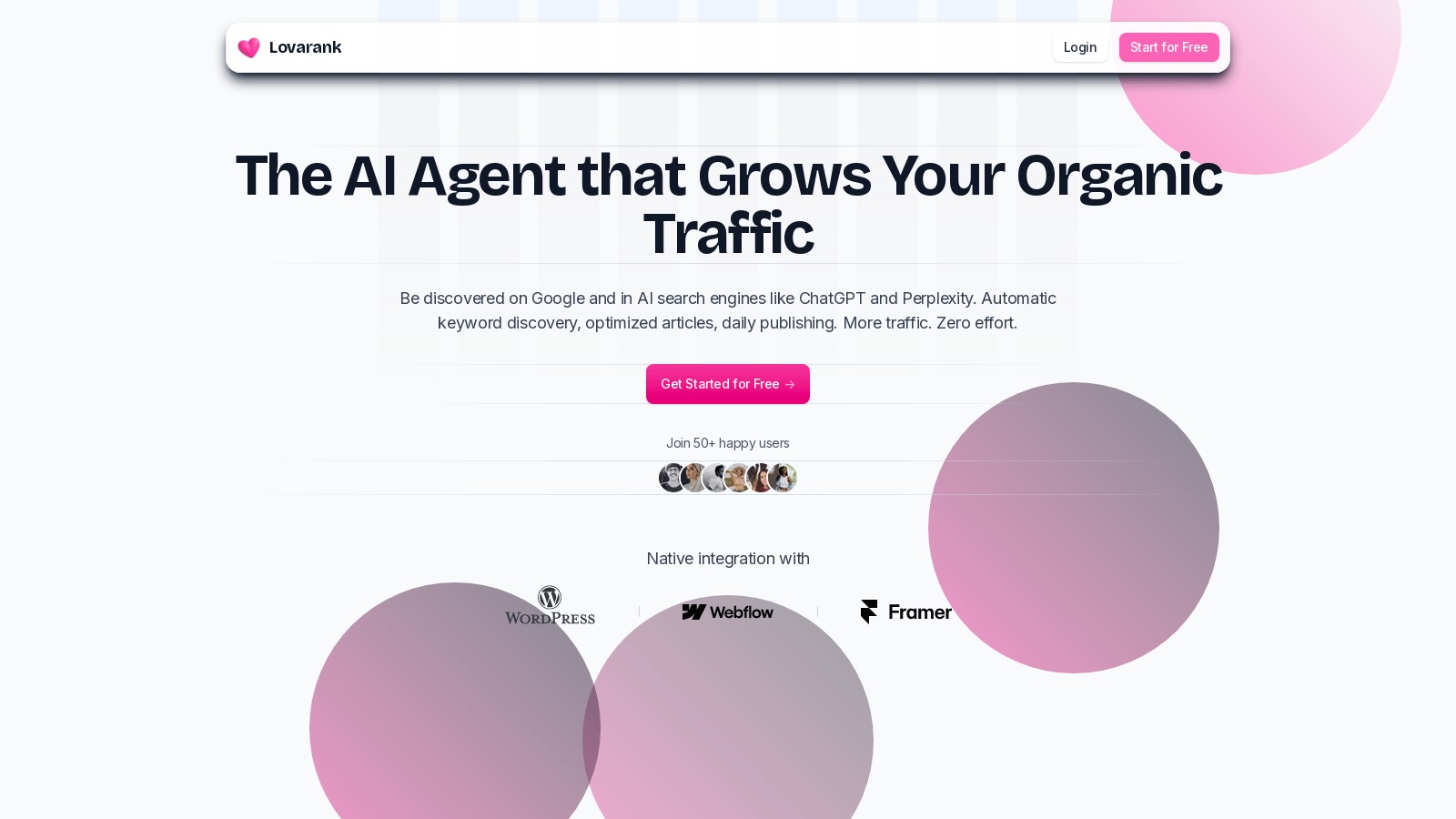 Lovarank: Herramienta de IA para automatizar SEO y aumentar tráfico orgánico en Google y ChatGPT.