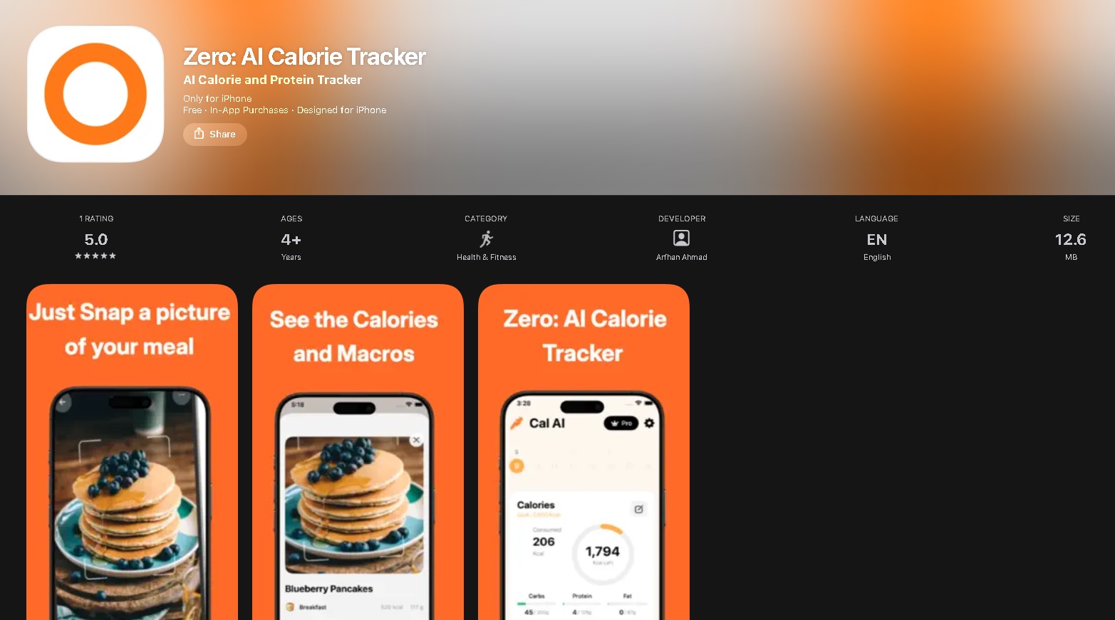 Zero AI Calorie Tracker: app para iPhone que usa IA para rastrear calorías y macros de forma automática y sencilla.