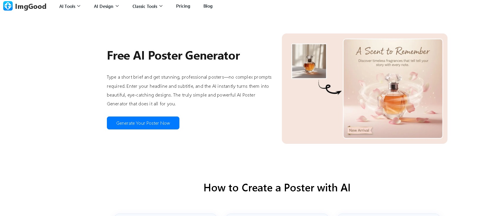ImgGood AI Poster Generator: herramienta de inteligencia artificial para crear carteles profesionales en segundos, ideal para negocios y redes sociales