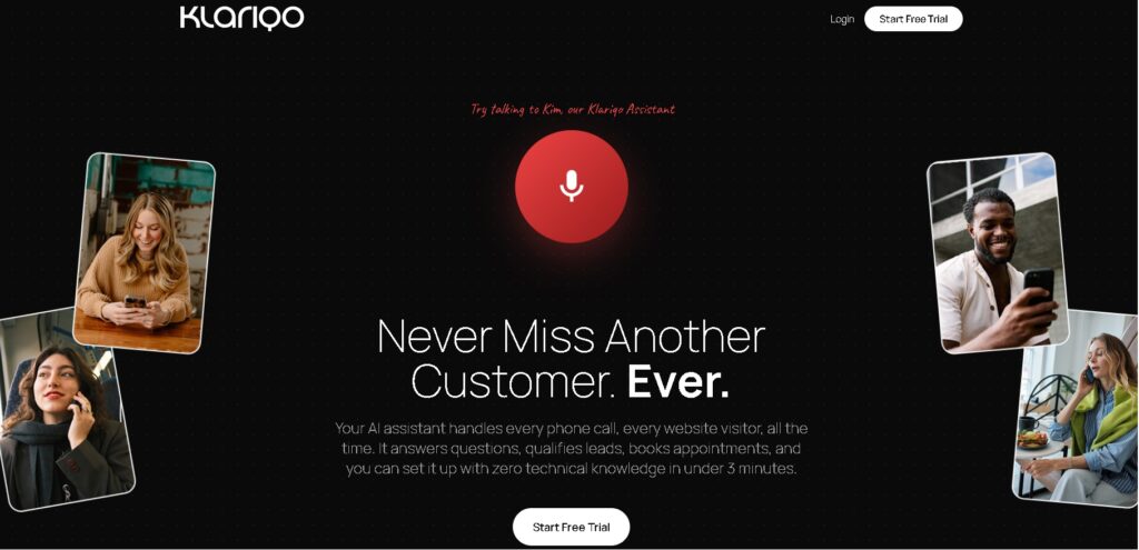 Interfaz de Klariqo AI mostrando un asistente virtual que responde llamadas y chats automáticamente con voz natural.