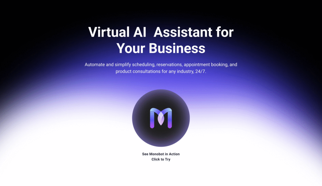 Interfaz de Monobot AI mostrando un asistente virtual gestionando llamadas y chats automáticos con inteligencia artificial