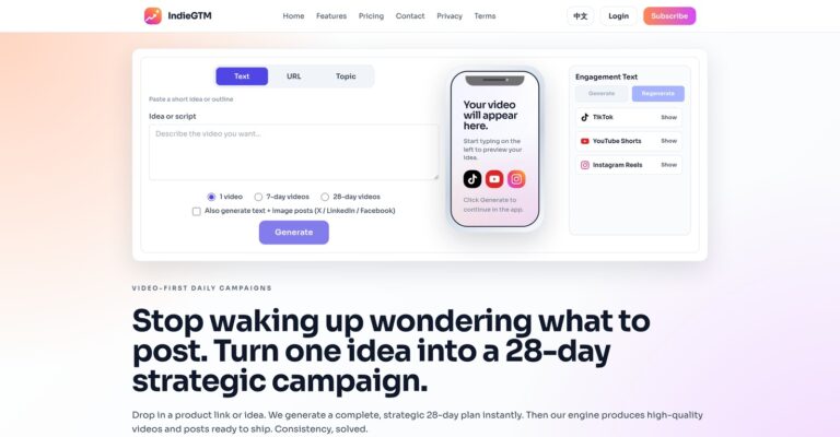 Herramienta IndieGTM generando campañas de contenido para redes sociales con inteligencia artificial.