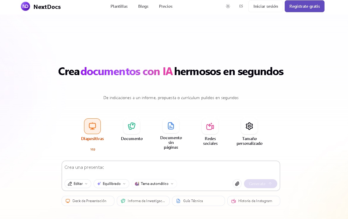 NextDocs: Plataforma para crear documentos y presentaciones profesionales con inteligencia artificial.