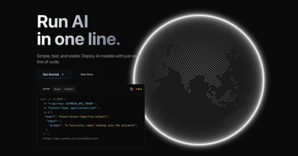Synexa AI: Plataforma para implementar modelos de inteligencia artificial con una sola línea de código, GPUs A100 y escalabilidad automática