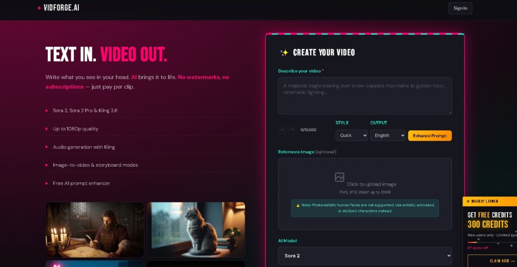 VidForge.ai: Plataforma para crear videos con inteligencia artificial usando Sora 2 y Kling 2.6, sin suscripciones ni marcas de agua