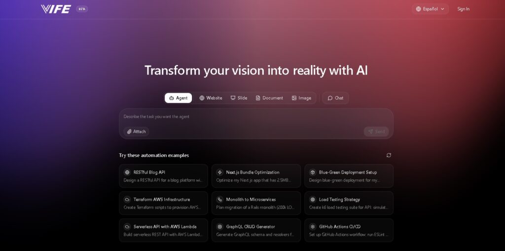 Vife.ai: Plataforma de agentes de IA para crear presentaciones, documentos y sitios web de forma autónomatico