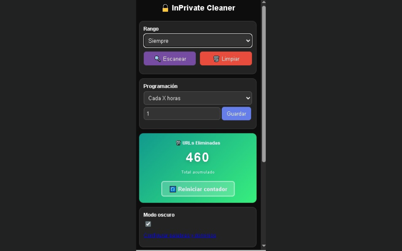 Interfaz principal de InPrivate Cleaner con botones de escanear y limpiar