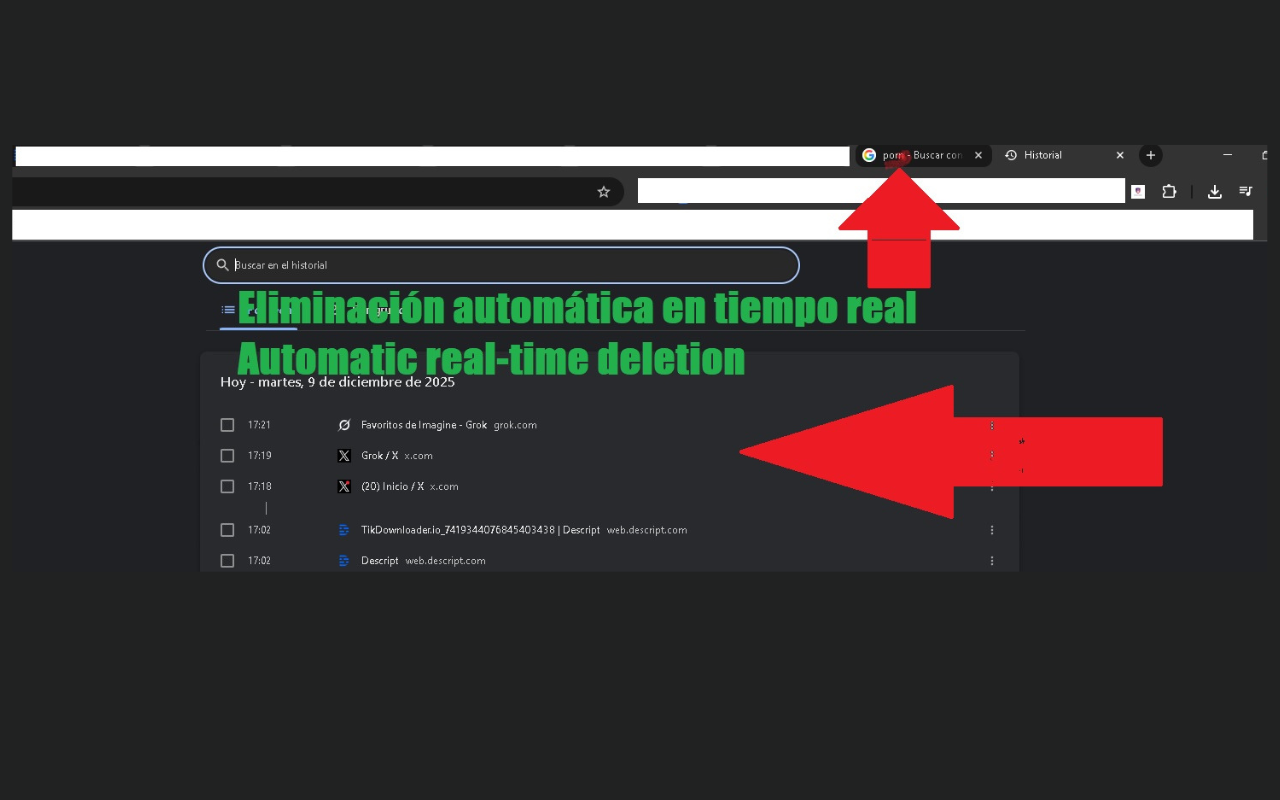 InPrivate Cleaner eliminando contenido adulto automáticamente en tiempo real