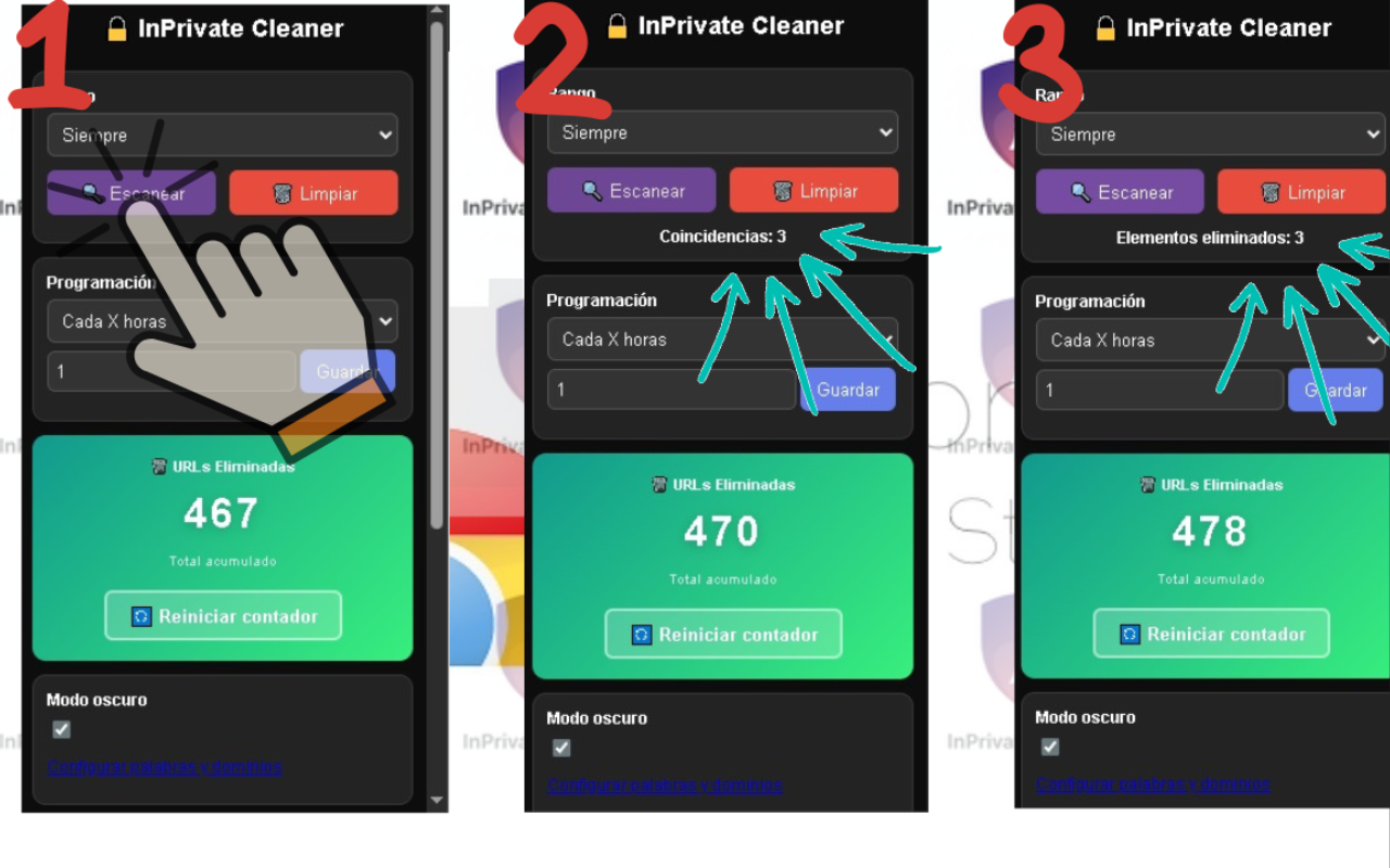 Escaneo manual de historial con InPrivate Cleaner mostrando coincidencias encontradas