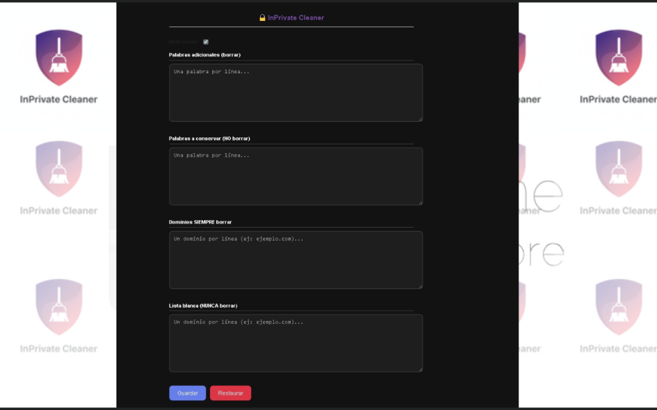 Opciones de configuración de InPrivate Cleaner para personalizar palabras clave y listas blancas