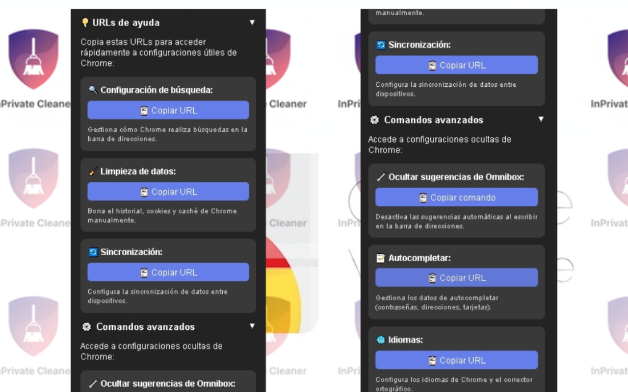 Menús desplegables de ayuda y comandos avanzados en InPrivate Cleaner