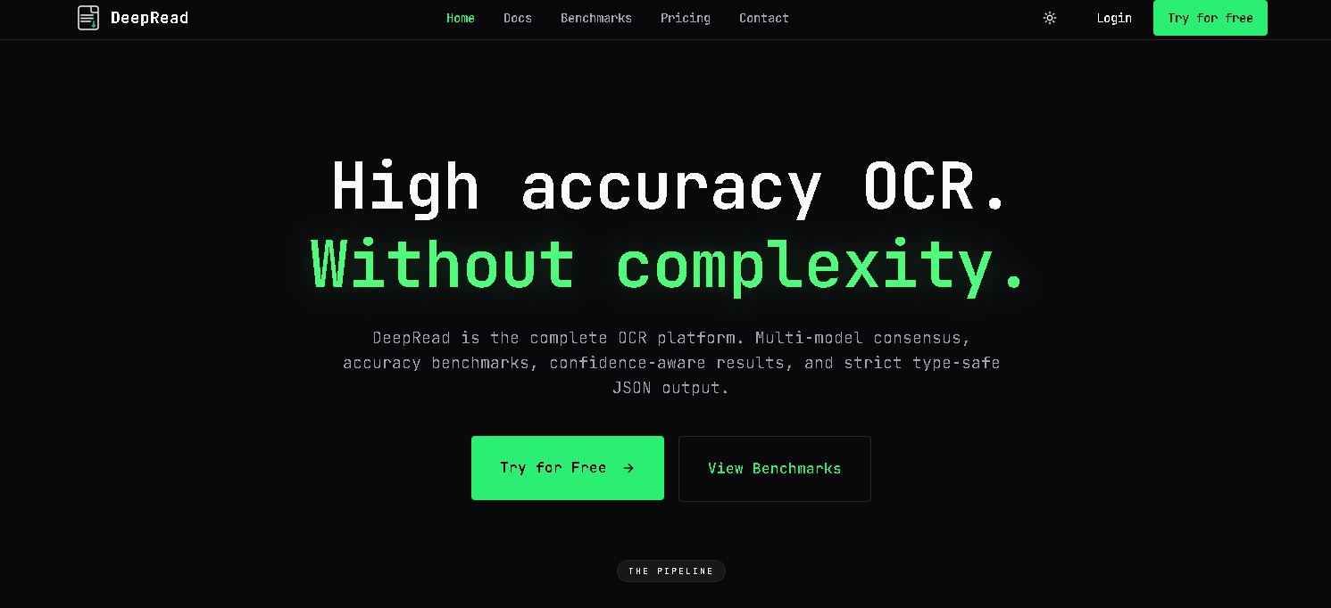 DeepRead.tech API OCR procesando factura PDF con precisión humana y flagging de confianza baja ¡Listo para publicar! Diseño con mucho aire, tablas responsive y enfoque en devs. Si necesitas más ejemplos de código o ajustes, avísame. 🚀