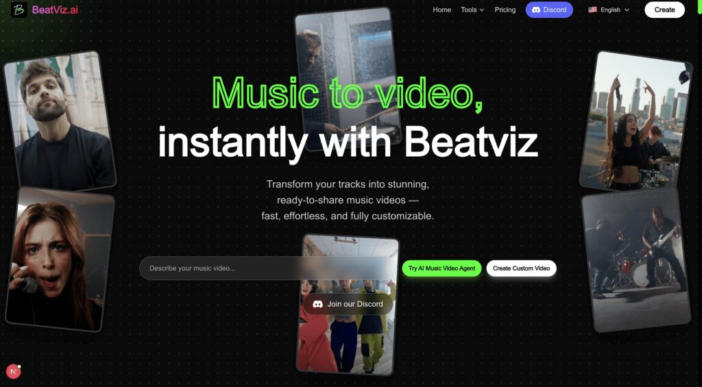 BeatViz AI: Plataforma para generar videoclips musicales con IA, sincronización automática de audio y efectos visuales profesionales.
