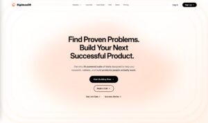 Interfaz de BigIdeasDB mostrando análisis IA de quejas de usuarios para generar ideas de negocio validadas en startups y SaaS.