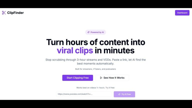 ClipFinder herramienta de IA para crear clips virales desde vídeos largos de YouTube.