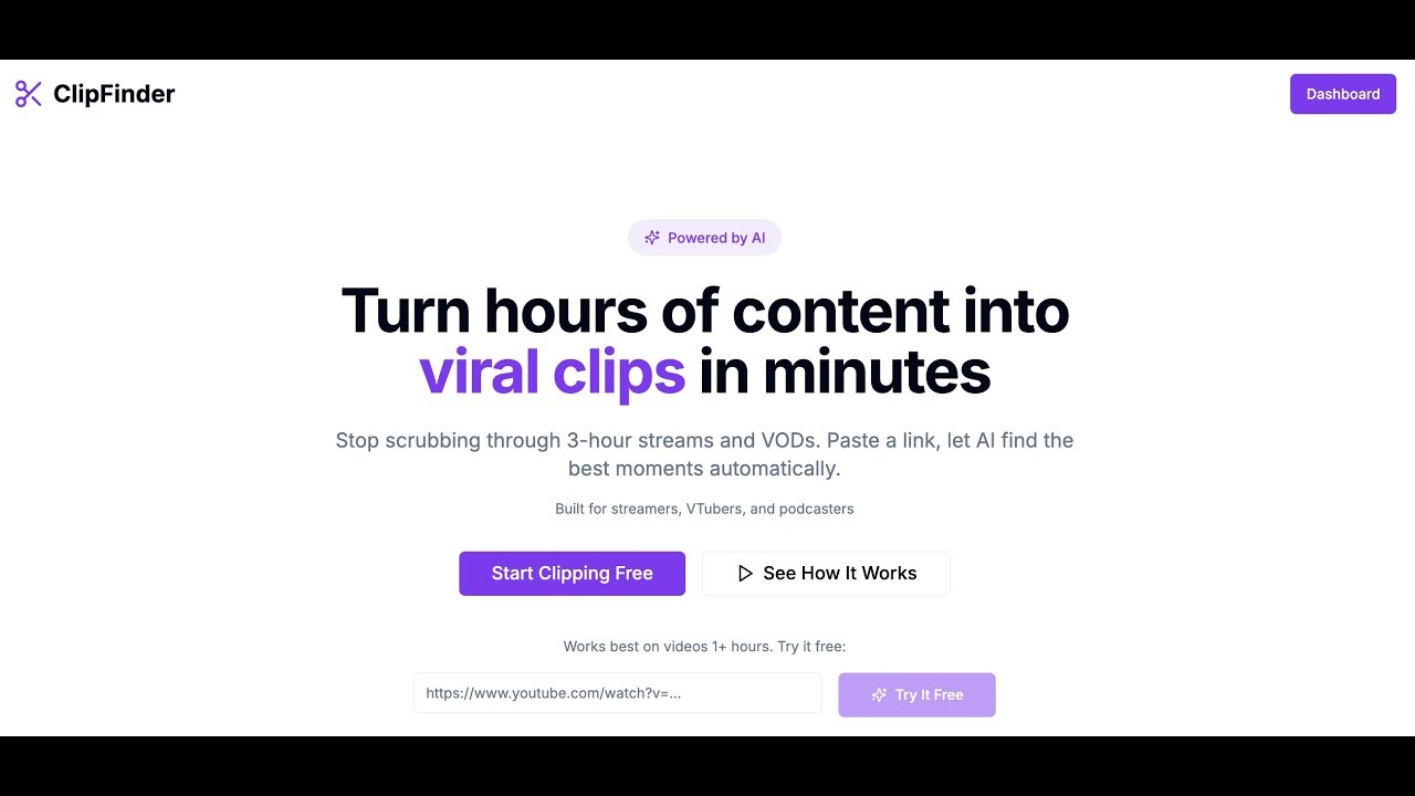 ClipFinder herramienta de IA para crear clips virales desde vídeos largos de YouTube.