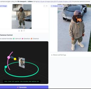 Qwen-Image Edit Camera Angle Control ajustando ángulo horizontal, vertical y zoom en imagen con IA – demo en Hugging Face