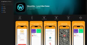WeWeVibe app – interfaz para crear y unirte a vibes locales y conectar con personas cercanas por intereses reales.