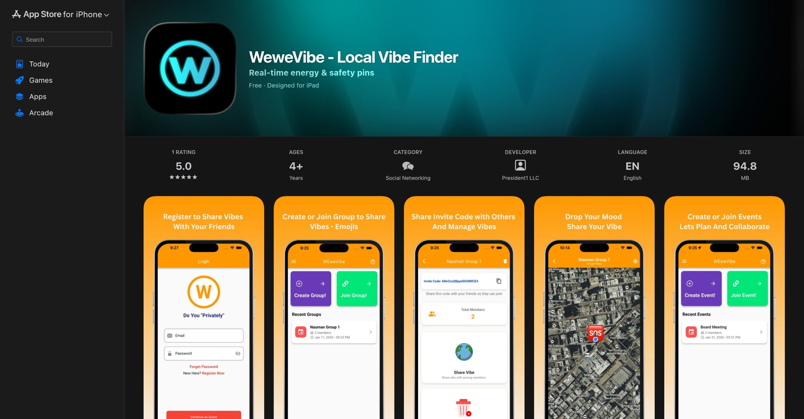 WeWeVibe app – interfaz para crear y unirte a vibes locales y conectar con personas cercanas por intereses reales.