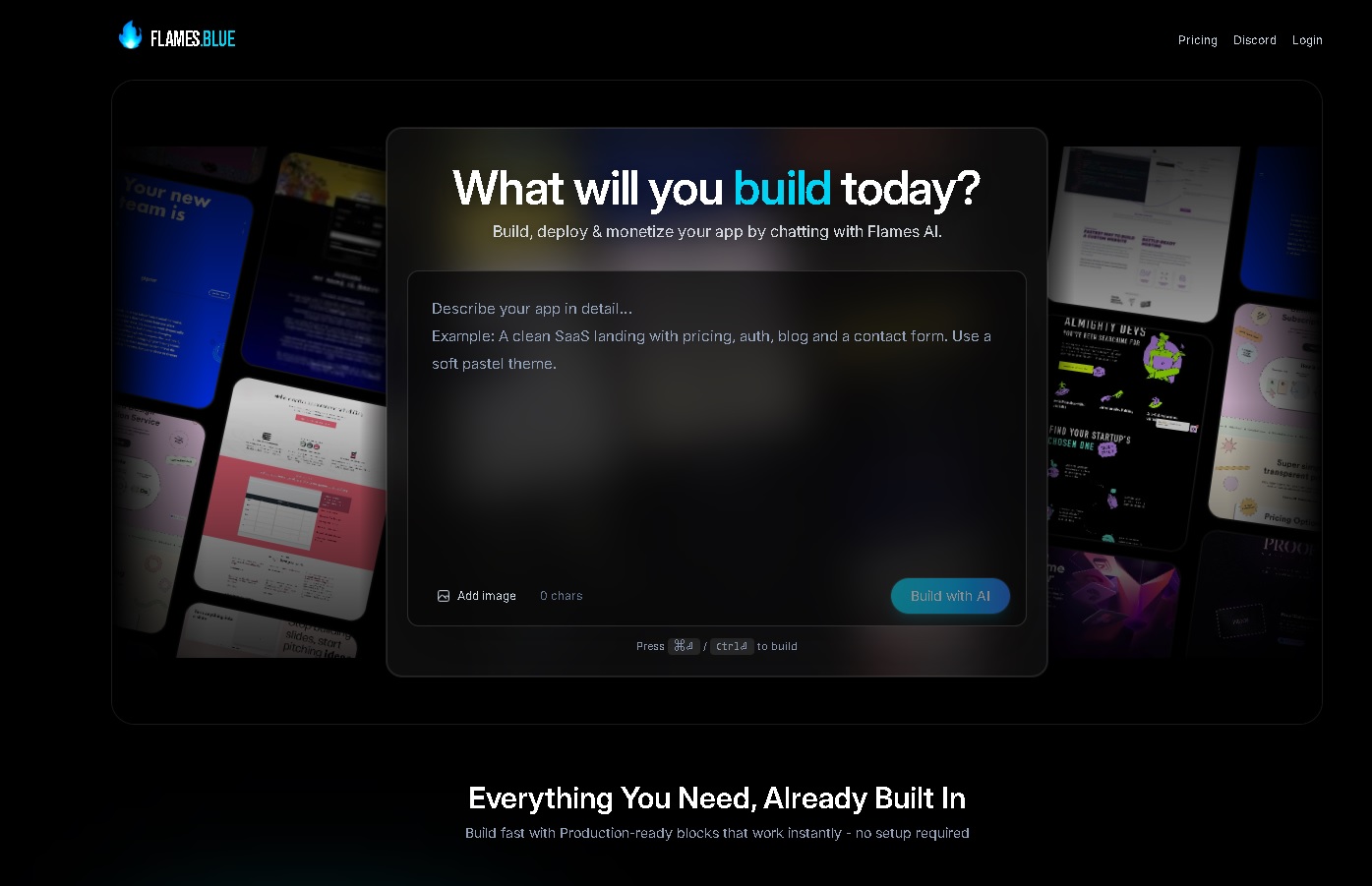 Flames.blue IA construyendo app completa por chat – dashboard con pagos y analíticas integradas