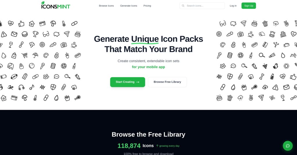 IconsMint IA generando pack completo de iconos coherentes desde descripción – herramienta para crear iconos consistentes en estilo y grosor.