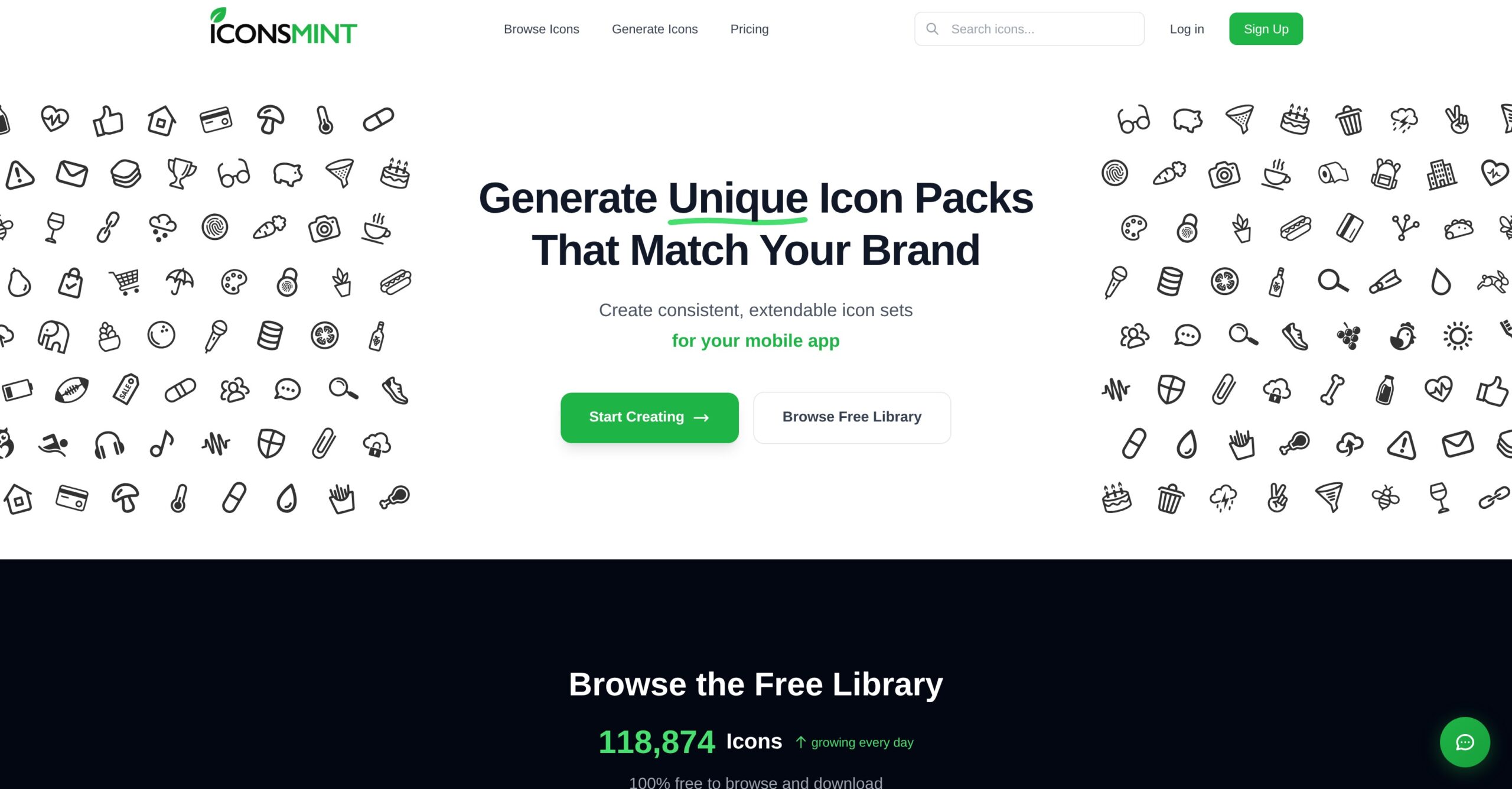 IconsMint IA generando pack completo de iconos coherentes desde descripción – herramienta para crear iconos consistentes en estilo y grosor.